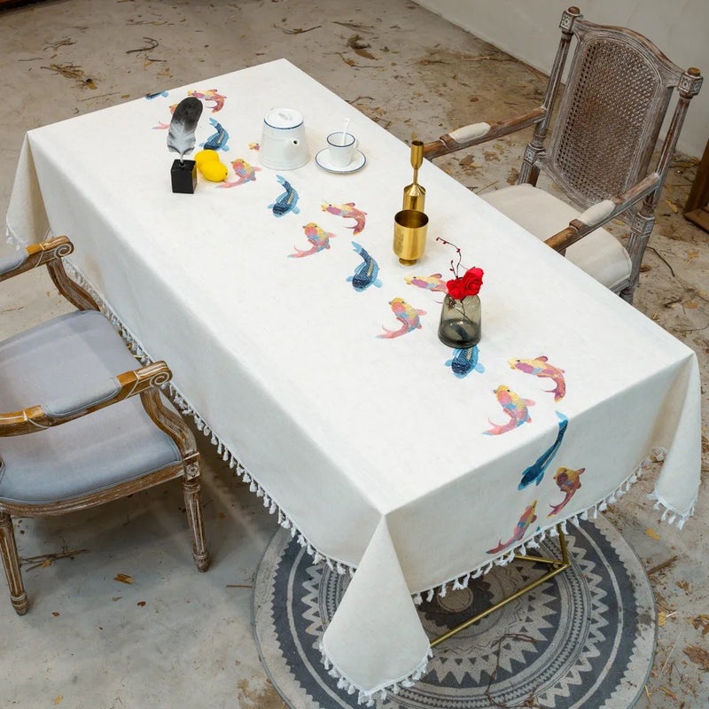 Bluejw Cotton and Linen Tablecloth with Fish Pattern Embroidery White Table Cloth with Lace Table Clothes - Image 2